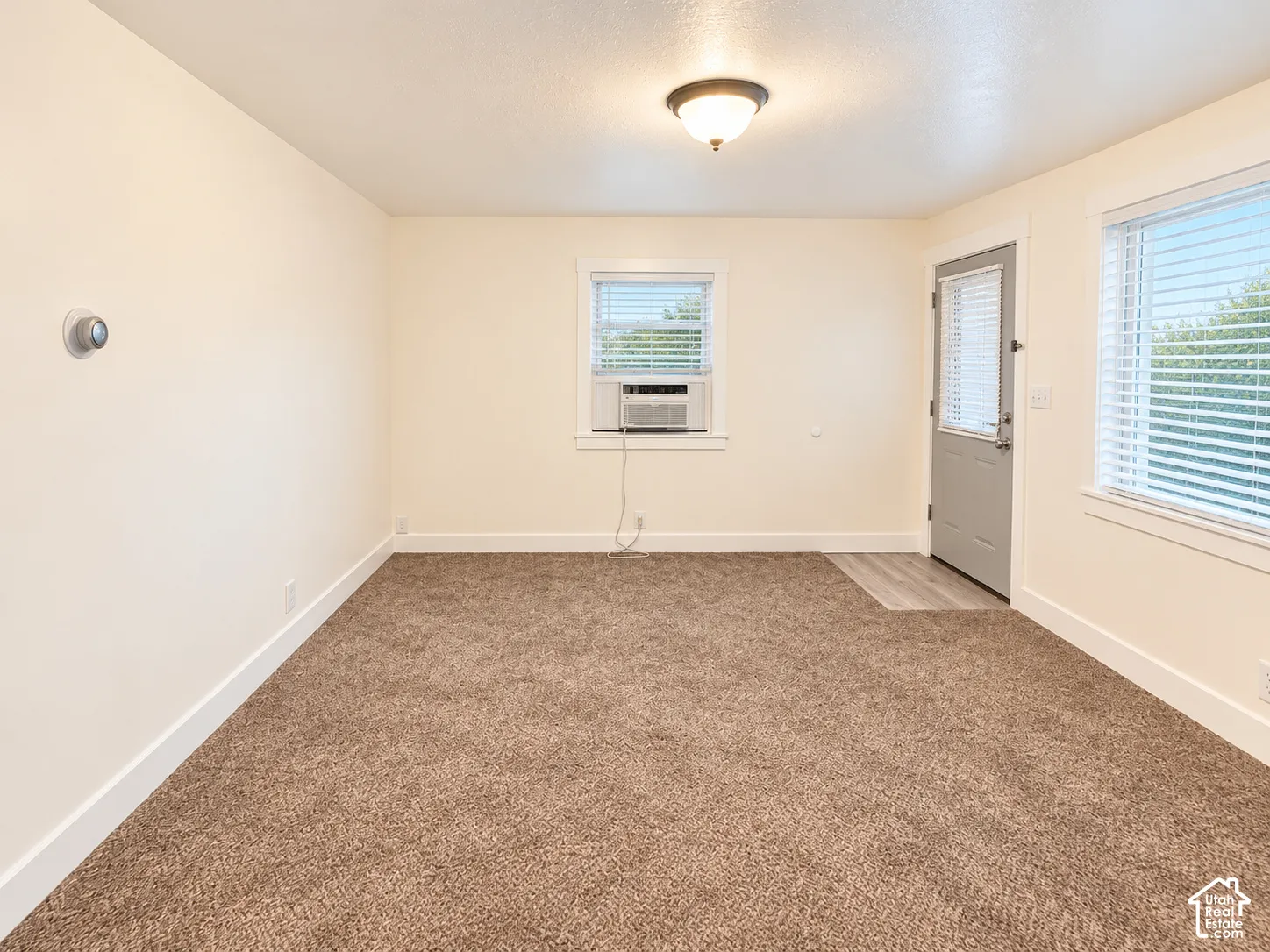 Neutral-toned carpeted flooring, dual-aspect windows with horizontal blinds, flush-mount ceiling lighting, and a glass-paneled exterior door