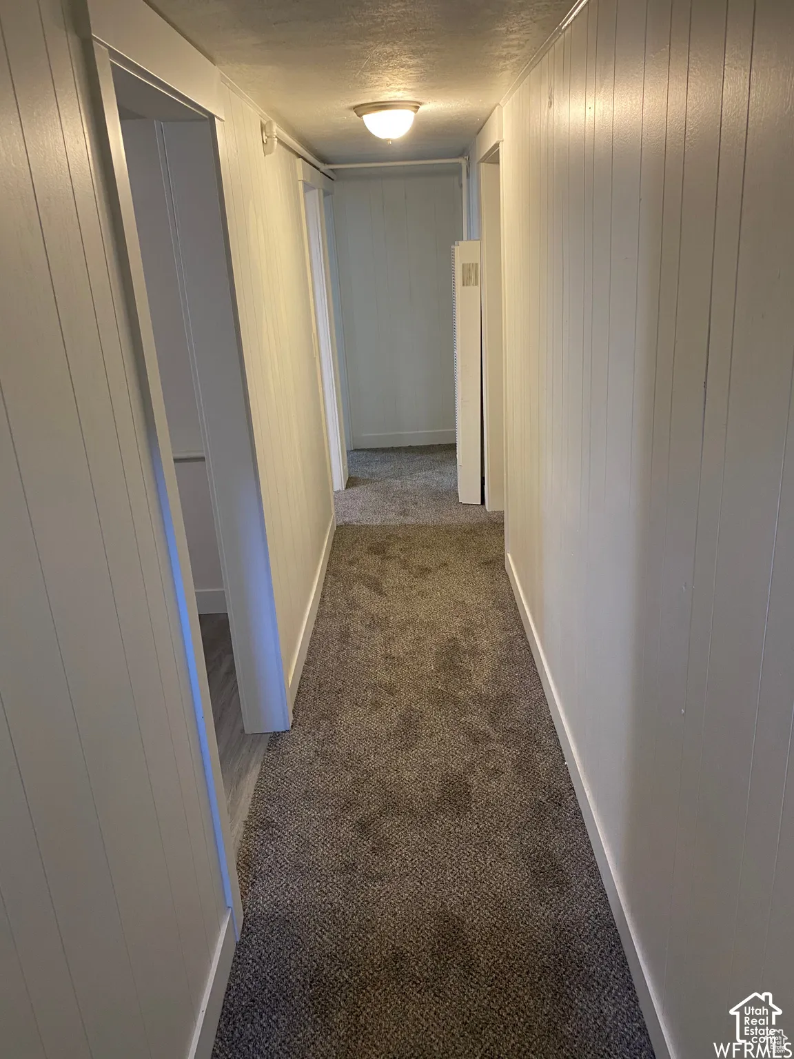 Hallway featuring textured carpeting and vertical paneling