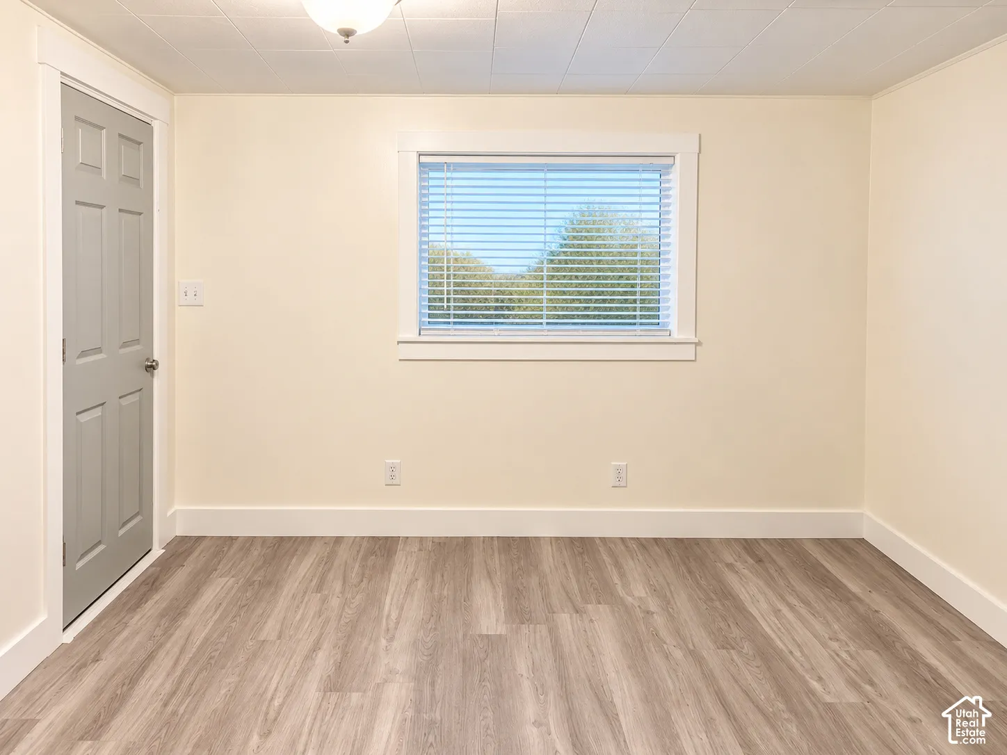 Neutral interior space featuring wood-finish flooring, a six-panel gray door, crisp white trim, and a window with horizontal blinds
