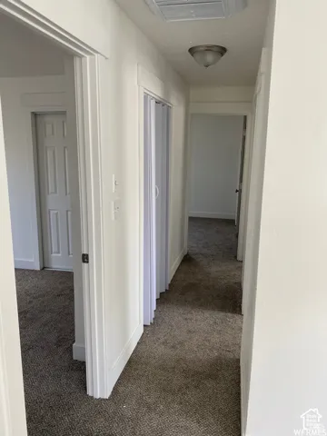 Hallway with neutral carpeting, white trim, and flush-mount lighting