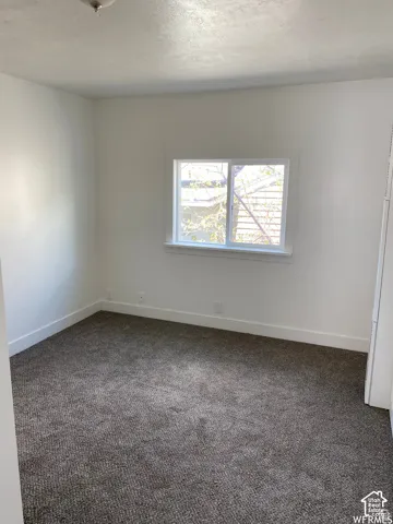 Neutral wall paint, textured carpet flooring, and a single window with white trim