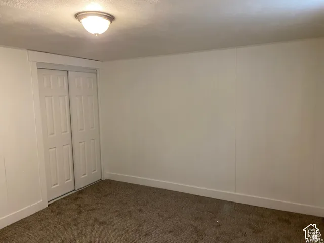 White bi-fold closet doors, wall-to-wall carpeting, and a flush mount ceiling light fixture