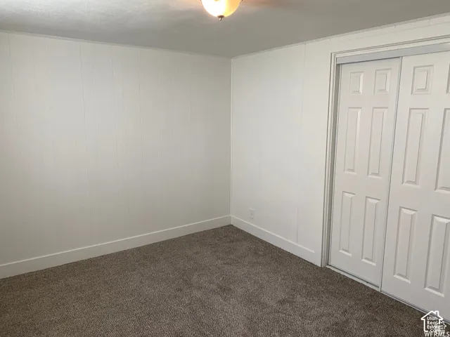 Vertical wall paneling, flush-mount ceiling light, paneled bi-fold closet doors, and textured carpet flooring