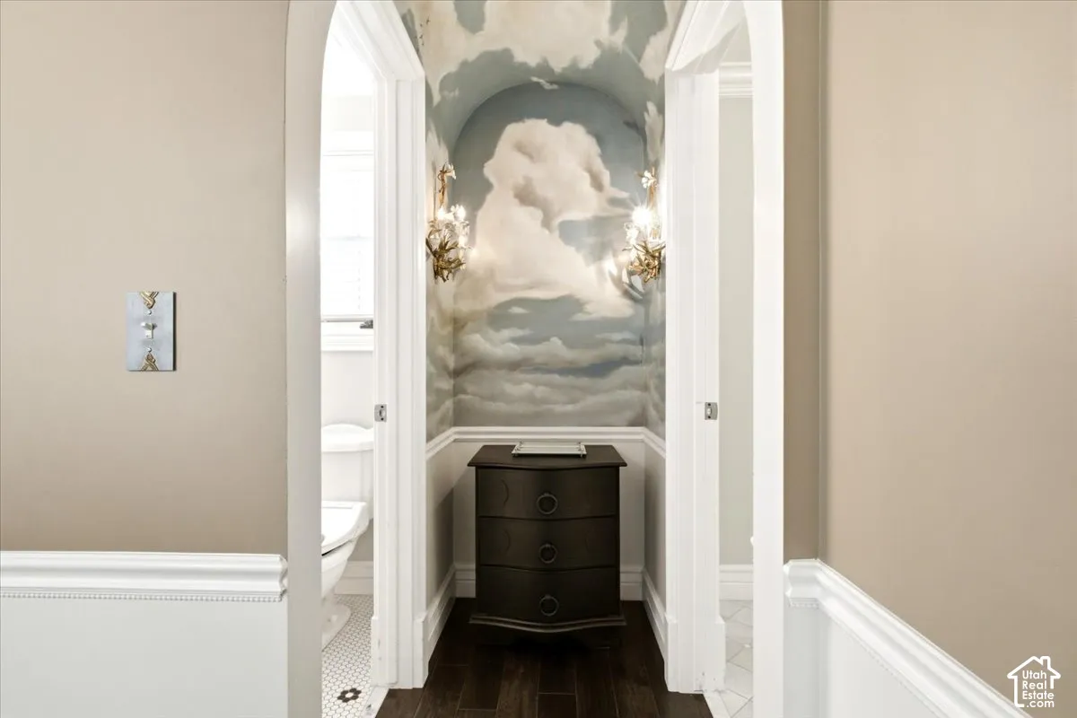 Arched entryway featuring custom wall mural, dark wood-finish flooring, and decorative wall sconces
