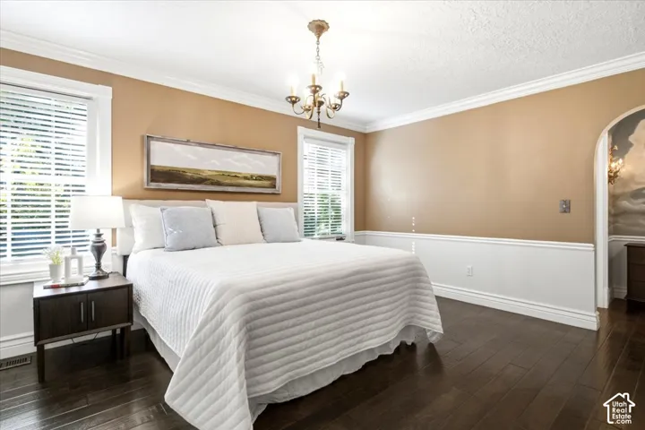 Dark wood-finish flooring, white crown molding, chandelier lighting, white wainscoting, and an arched doorway