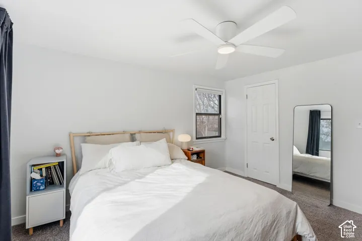 Recessed window with dark trim, overhead ceiling fan with integrated lighting, paneled door, light gray walls, and carpeting