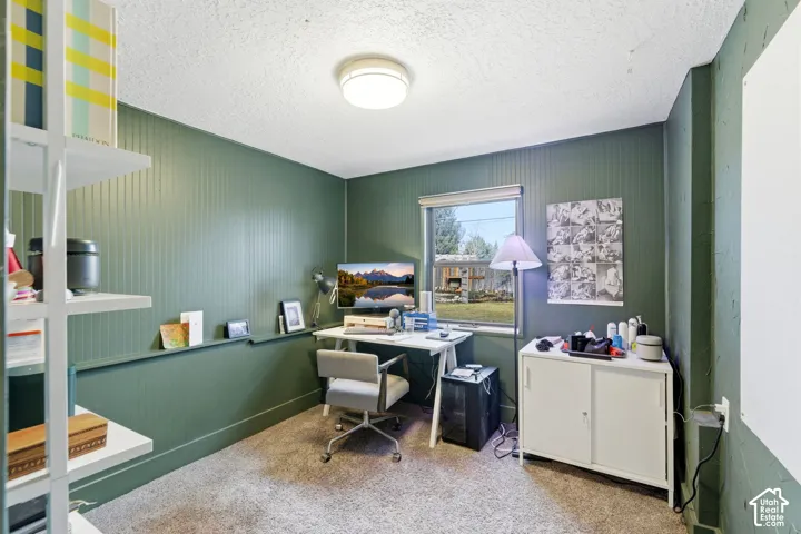 Carpeted room featuring beadboard wall paneling, a built-in wall shelf, a window with blinds, and a flush mount ceiling light