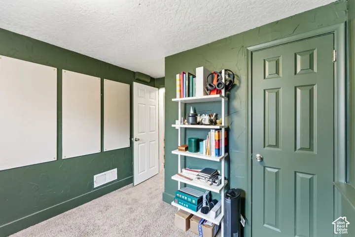 Textured wall finish, paneled interior doors, and carpet flooring