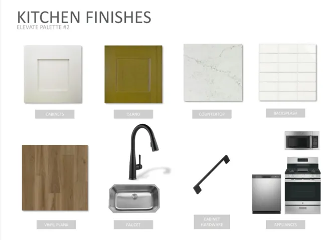 Kitchen Finishes, Elevate Palette #2. Presenting a selection of materials and fixtures for the property's kitchen area