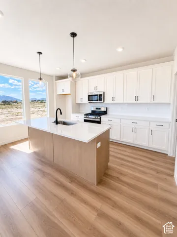 Kitchen featuring a central island with a sink, wood-finish flooring, white cabinetry, stainless steel appliances, and pendant lighting