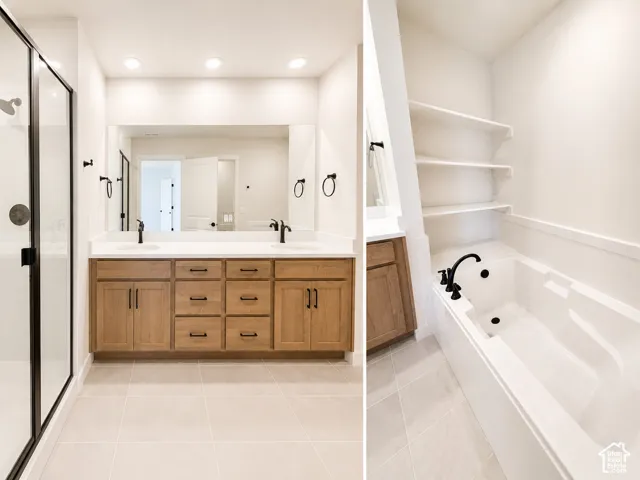 Dual vanity with light wood-finish cabinetry, white countertop, and matte black fixtures