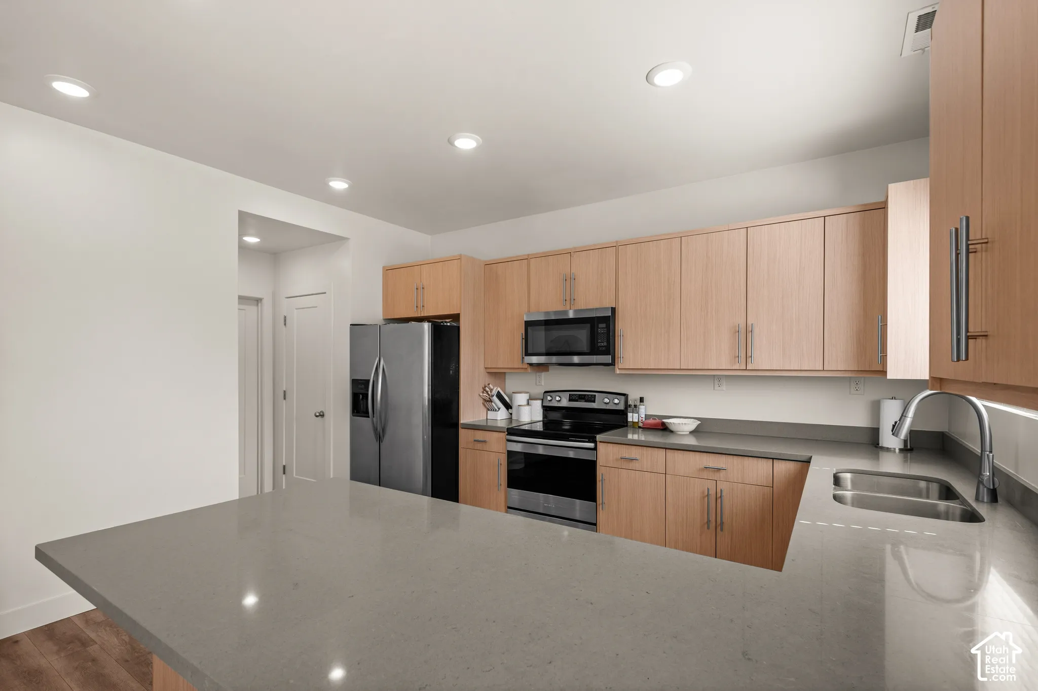 Wood-finish cabinetry, stainless steel appliances, recessed lighting, double basin sink, and wood-finish flooring