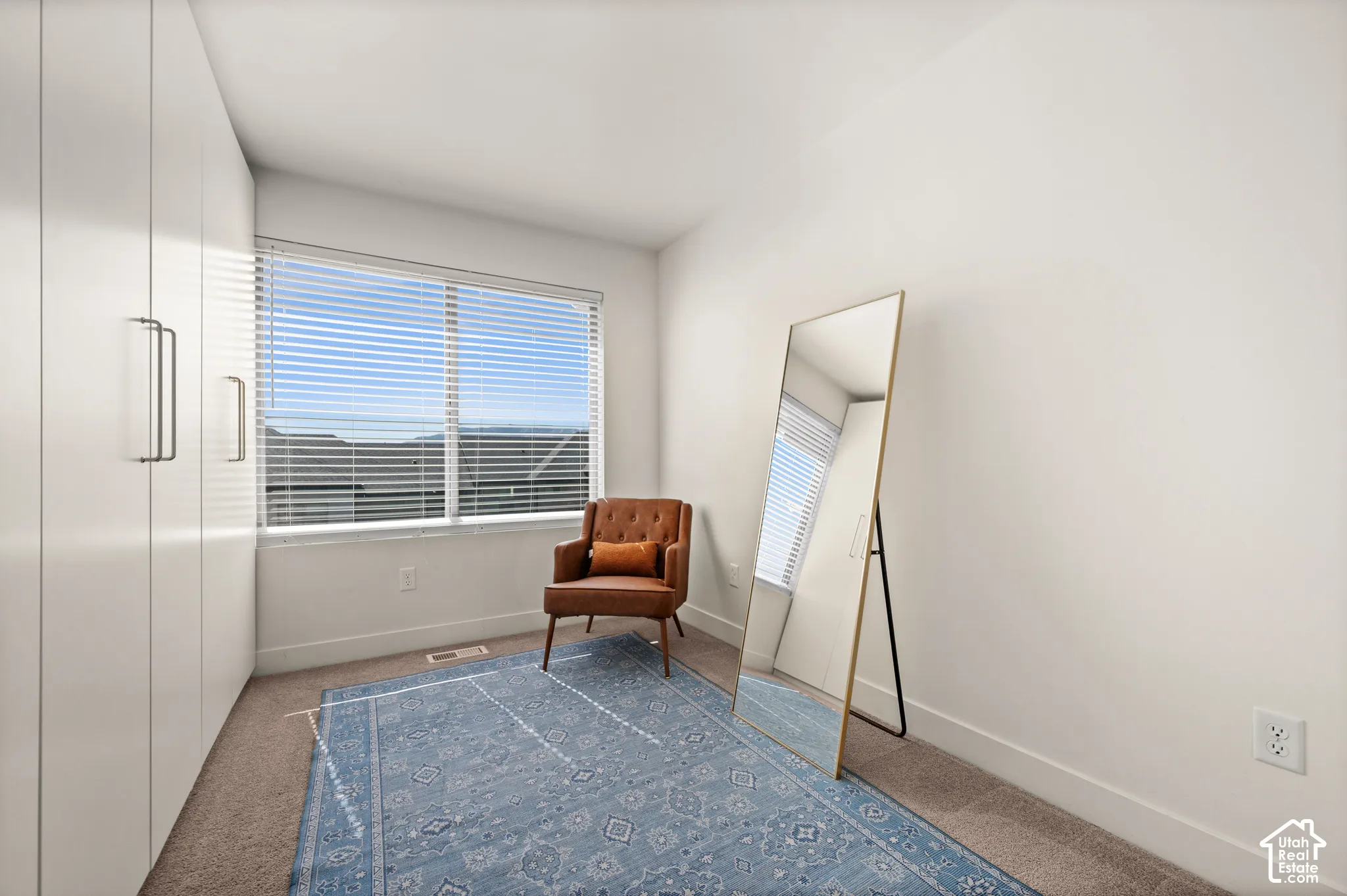 Full-height built-in cabinetry with modern hardware, large window with blinds, and neutral carpeting