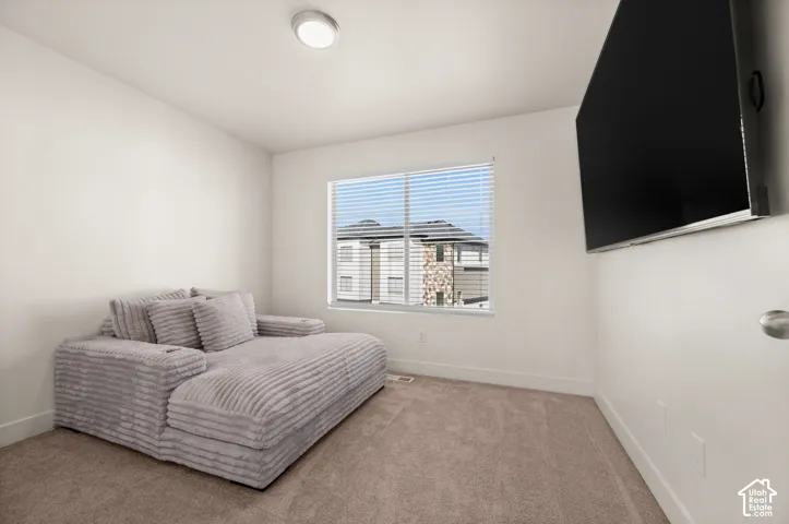 Recessed lighting, wall-mounted television, neutral carpet flooring, white window blinds, and a large window with exterior visibility