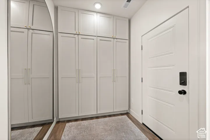 Built-in cabinetry with gold-toned hardware, wood-finish flooring, recessed lighting, and a white paneled door with black hardware