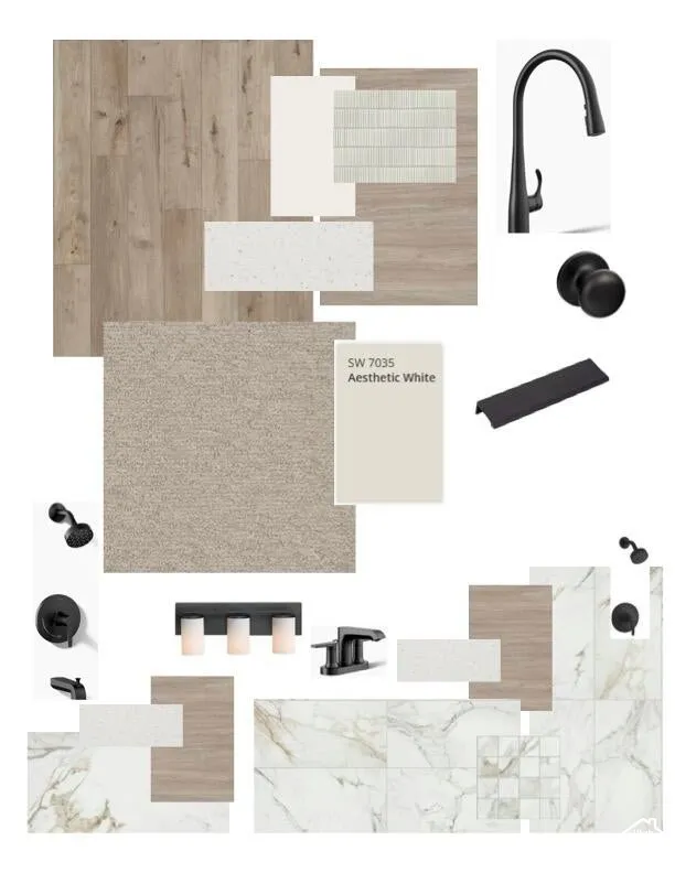 Material Selection Board. Displaying various finishes and fixtures for the property