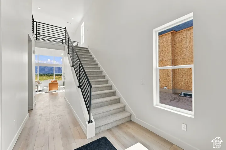 Open-concept living space featuring wood-finish flooring, a carpeted staircase with modern black horizontal railings, and a two-story ceiling