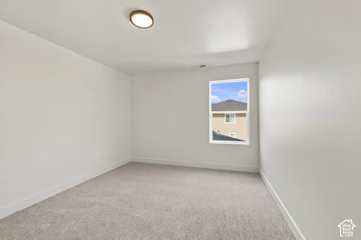 Neutral wall paint, ceiling-mounted light fixture, white window trim, light-colored carpet flooring
