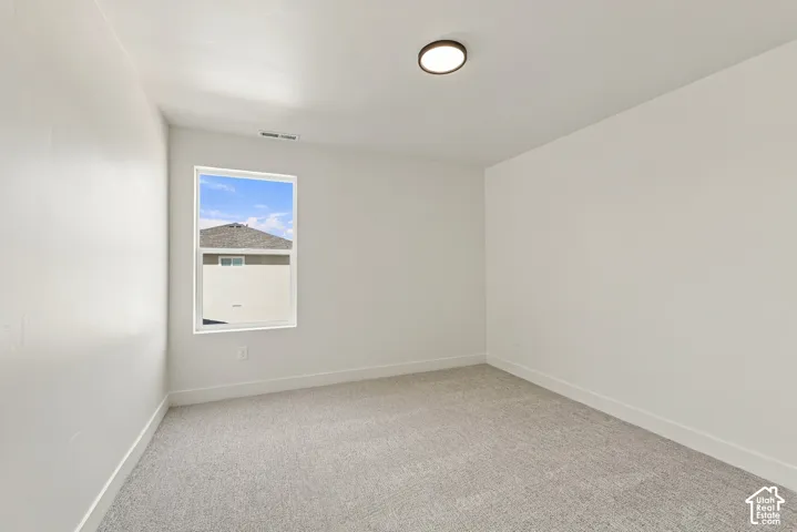 Light gray carpeted flooring, white painted walls, single window with white trim, and a flush-mount ceiling light fixture