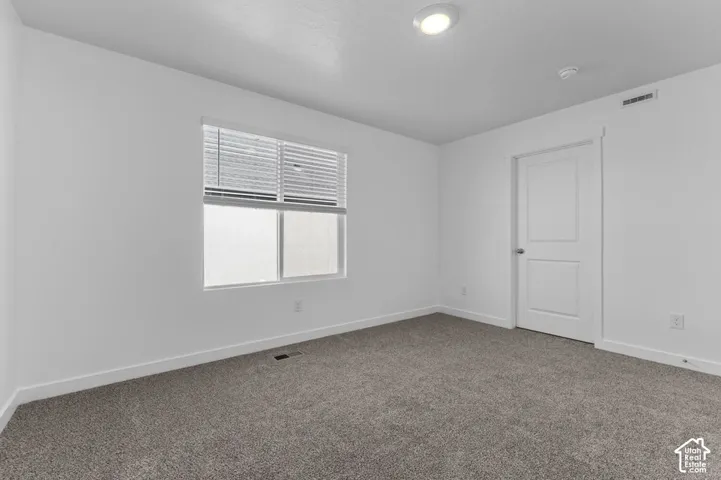 Neutral wall paint, gray carpet flooring, window with blinds, recessed ceiling light, paneled door