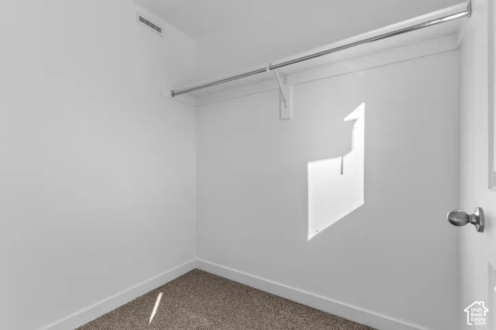 White painted walls and trim, chrome hanging rod, and neutral carpet