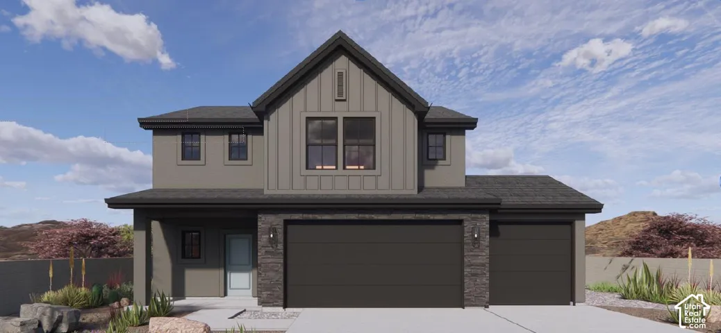Two-story residence featuring a board and batten facade, stone accents, two garage doors, and a light-colored entry door