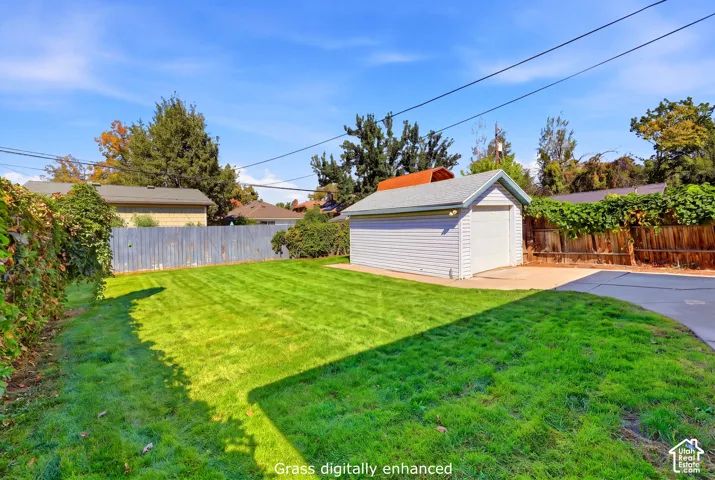 Large fenced yard with sprinklers