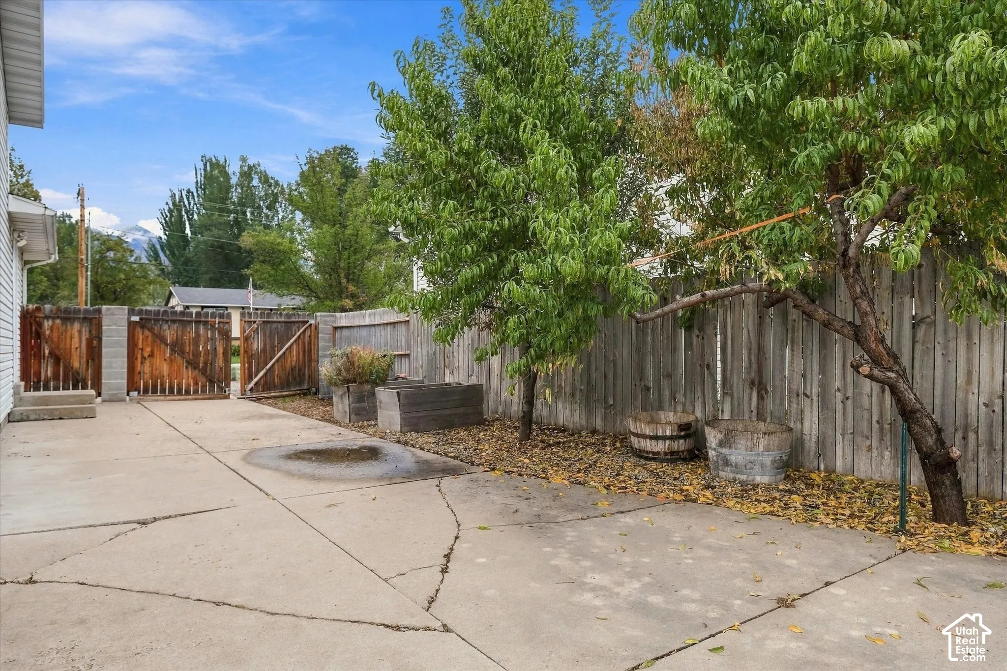 Concrete patio with a wood privacy fence and mature trees
