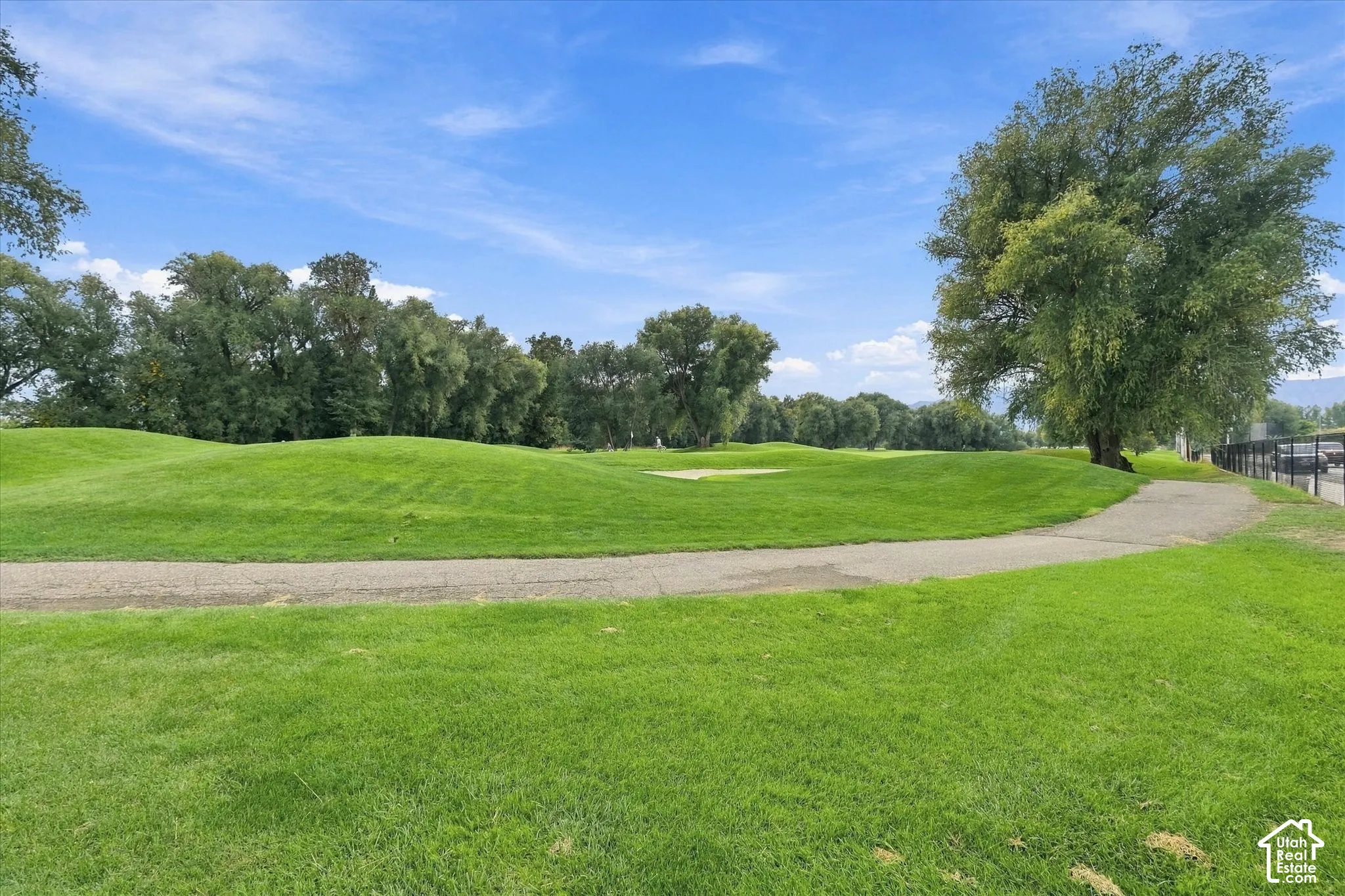 Expansive green space featuring a paved pathway, mature trees, and distant tree lines