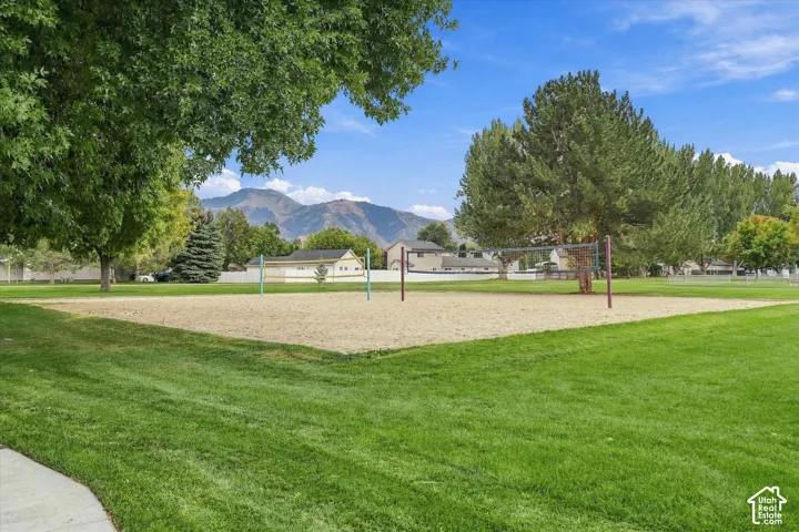 Expansive grass area featuring a sand volleyball court with posts and net, mature trees, and mountainous backdrop