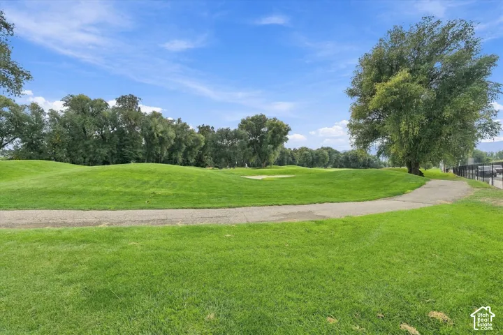 Expansive green space featuring a paved pathway, mature trees, and distant tree lines