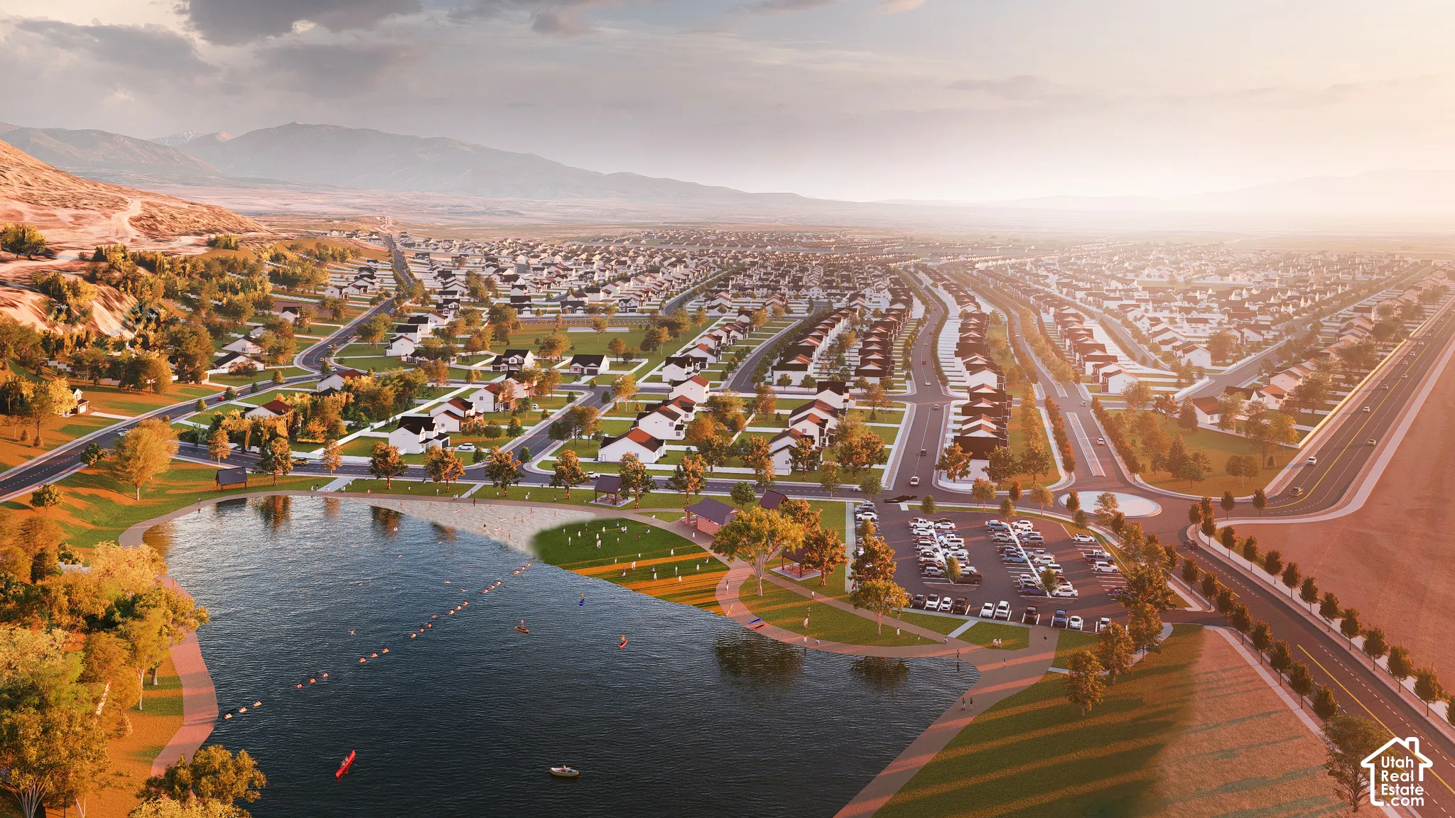 Neighborhood featuring a large community lake, sandy beach area, extensive green spaces, and mountain backdrop