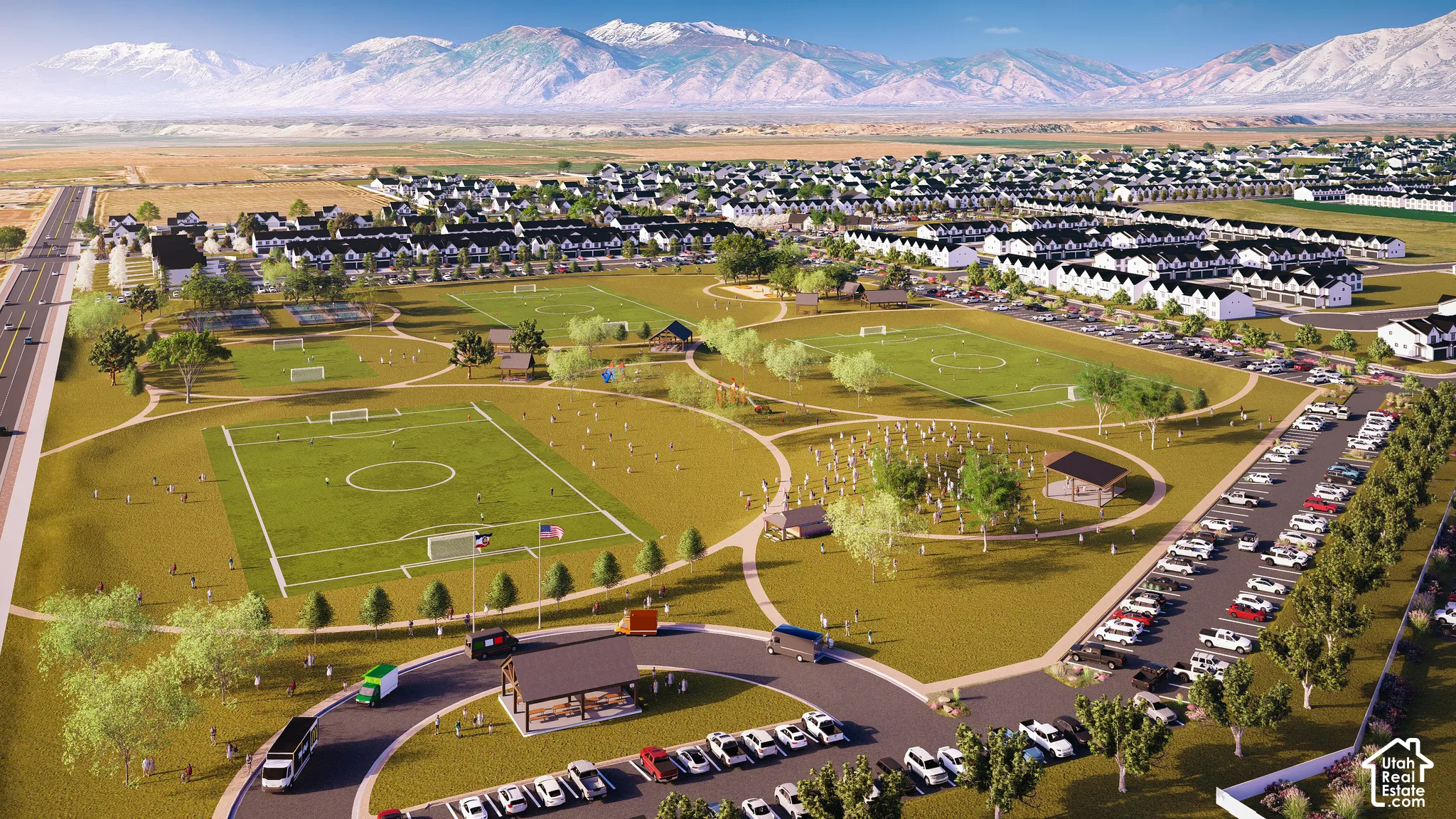 Expansive community grounds featuring sports fields, paved pathways, and open green spaces