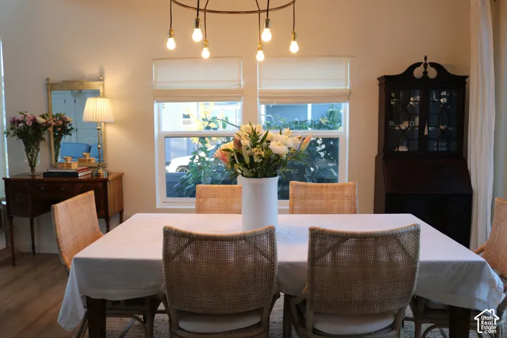 Dining area featuring a contemporary overhead light fixture, two windows with blinds, and wood-finish flooring
