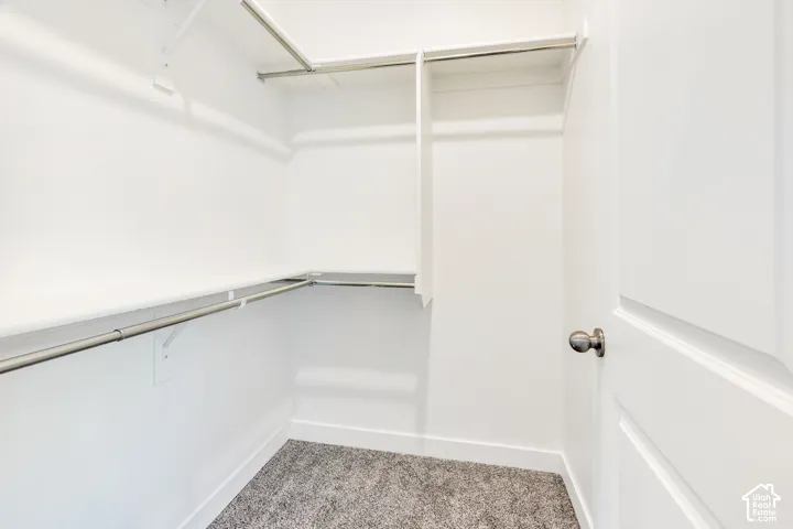 Spacious closet featuring white walls, gray carpet, and ample shelving with hanging rods
