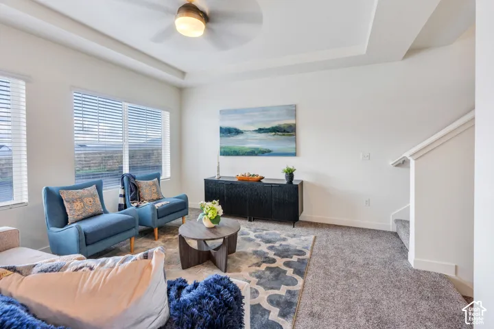 Tray ceiling with a ceiling fan, dual windows with blinds, built-in black console cabinet, and carpeted flooring
