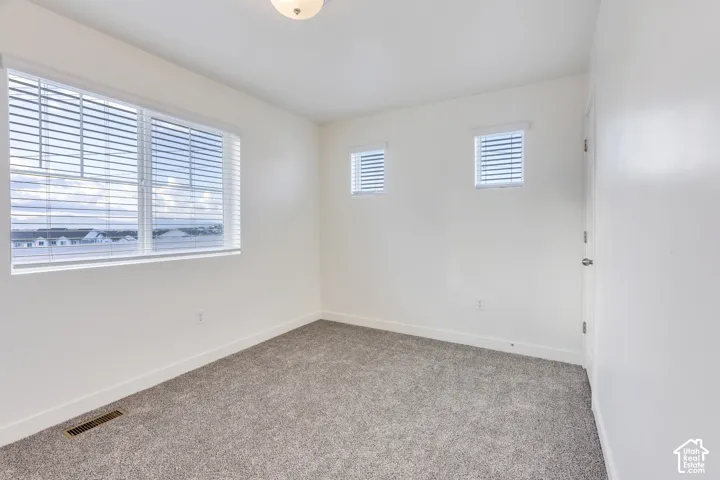 Plush carpeting, bright white walls, multiple windows with blinds, and a flush mount ceiling light fixture