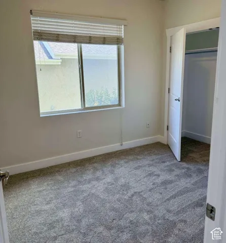 Window with blinds, wall-to-wall carpeting, white interior doors, and a built-in closet