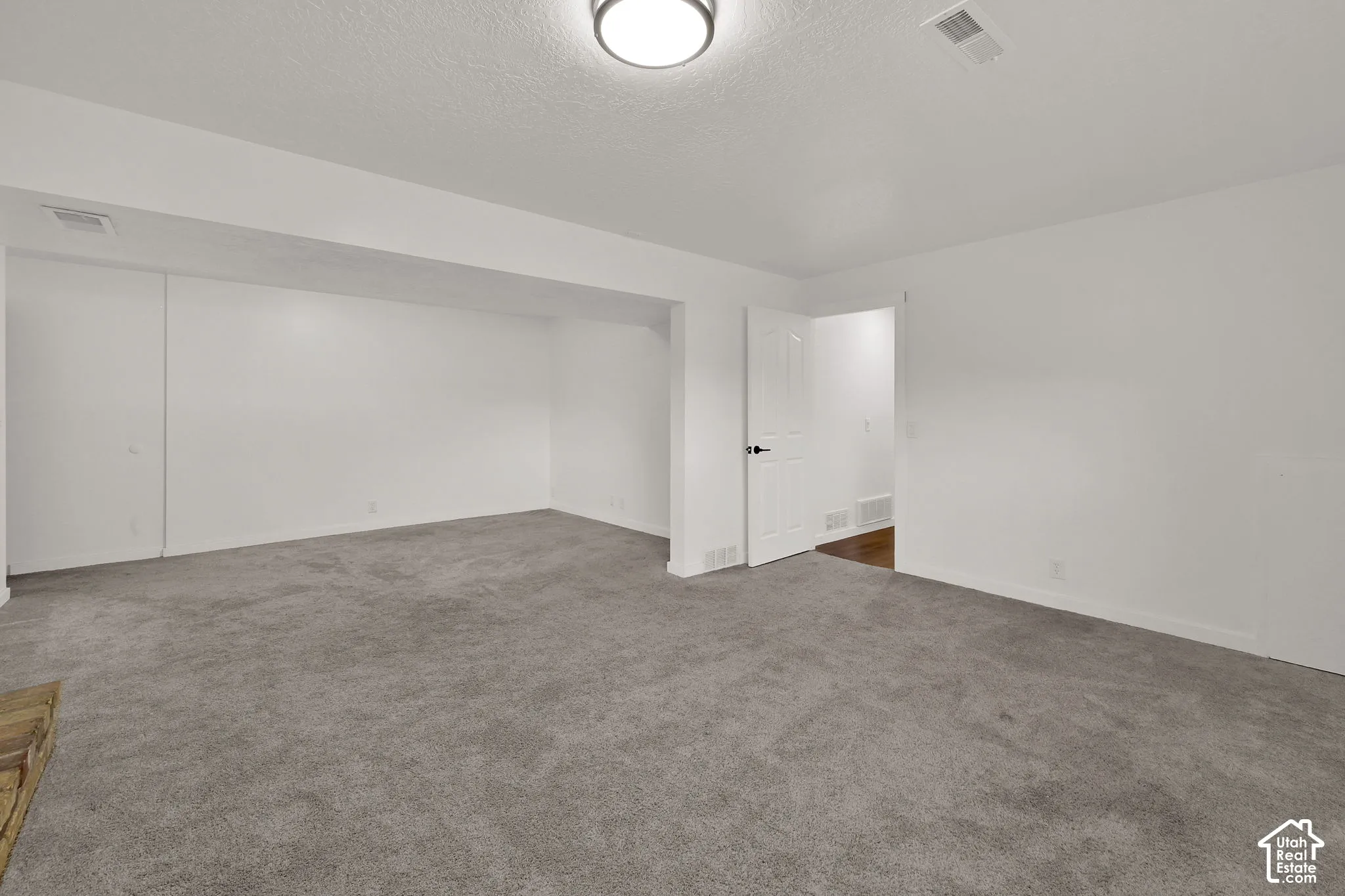 Spacious room with gray carpeting, white walls, a single paneled door, and a flush mount ceiling light fixture
