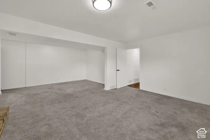 Spacious room with gray carpeting, white walls, a single paneled door, and a flush mount ceiling light fixture