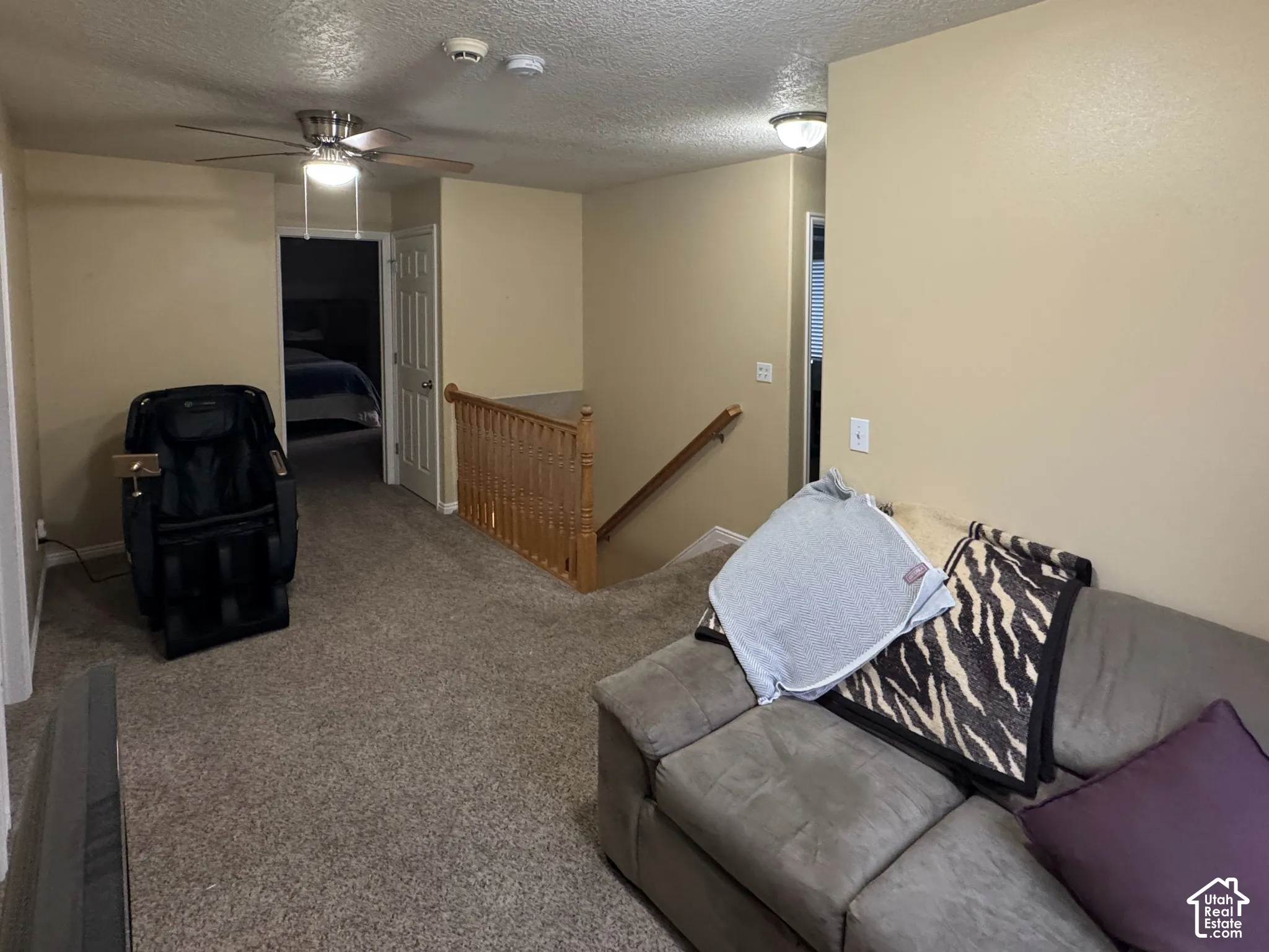Carpeted Loft Family Room with recessed lighting, ceiling fan, and wood railing