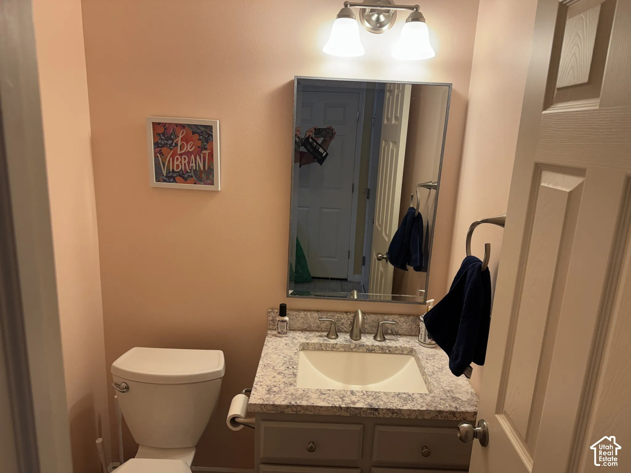 Powder Room on the Main Floor: Vanity featuring an integrated sink with a speckled countertop, a mirrored medicine cabinet, and a two-light fixture