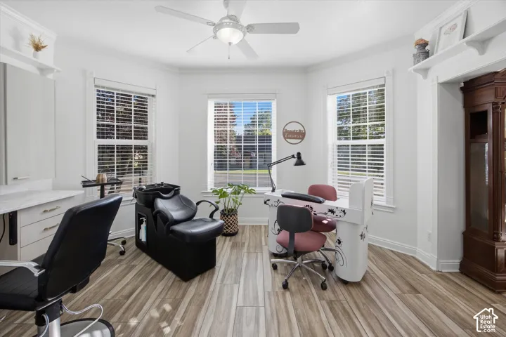 Recessed lighting, wood-finish flooring, multiple windows, built-in cabinetry, and a ceiling fan