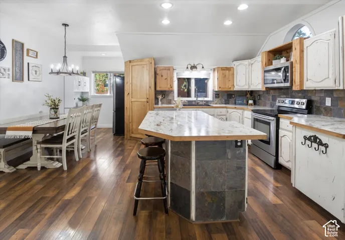 Kitchen featuring wood-finish flooring, a central island with stone tile siding, stainless steel appliances, and a tiled backsplash