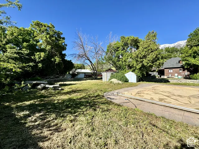 Expansive backyard featuring a covered swimming pool, mature trees, and a mountain backdrop