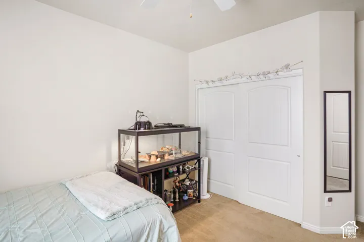 White paneled bi-fold closet doors, light neutral wall paint, and ceiling fan