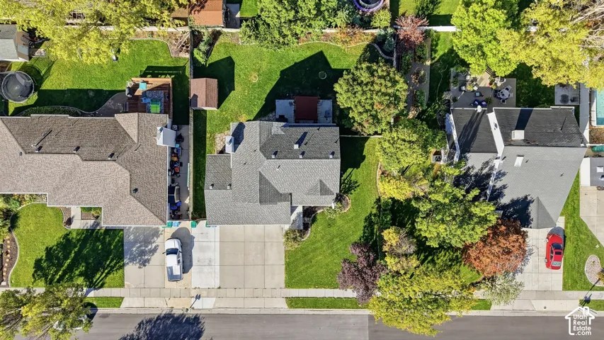 Gabled roofline, concrete driveway, front yard with mature trees, expansive back lawn, and a back patio