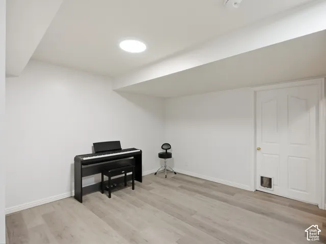 Recessed ceiling light, wood-finish flooring, white walls, and a paneled door