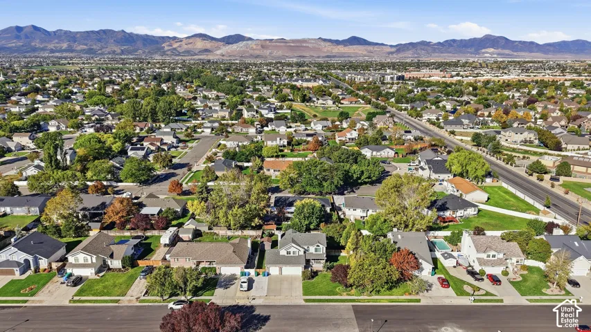 Expansive residential area featuring numerous single-family homes, mature trees with varied foliage, and paved streets