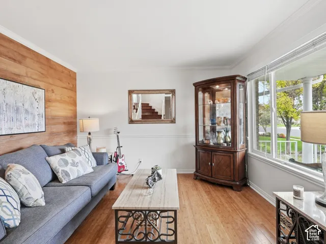 Wood-finish flooring, accent wall with horizontal wood paneling, white crown molding, large window with white casing, and a built-in display cabinet with glass doors